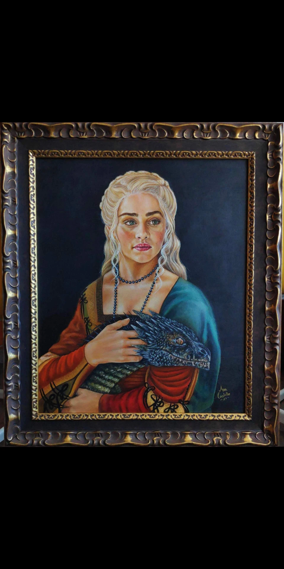 la dama del dragon, acrilico y oleo sobre liezo